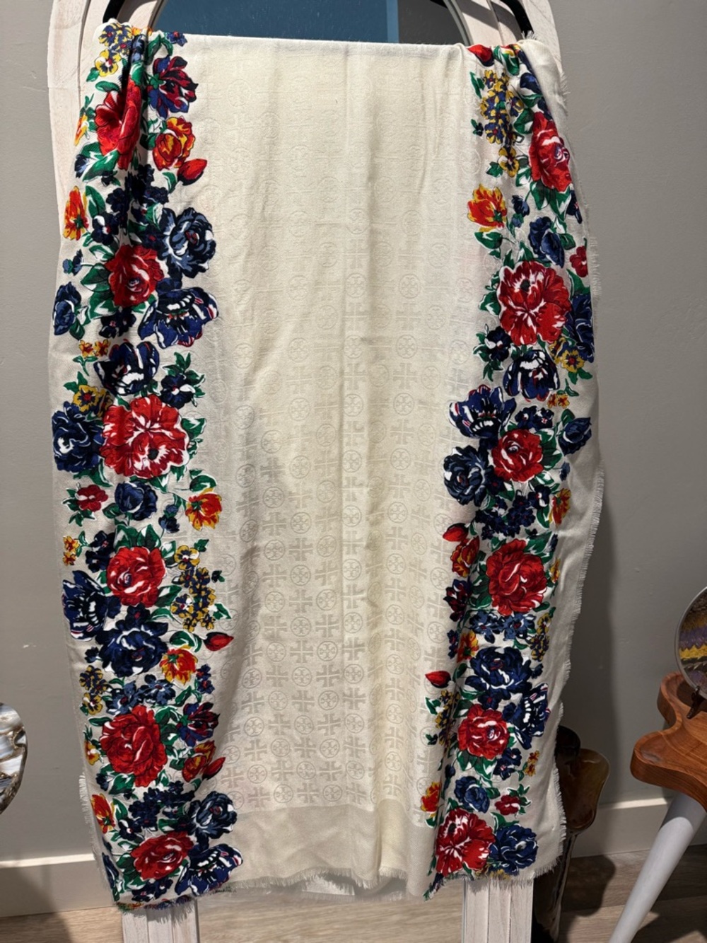 Tory Burch Cream Floral Wool and Silk Scarf
